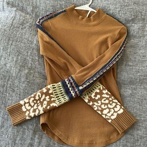 Free People Mustard Brown Patterned Details Women's Sweater